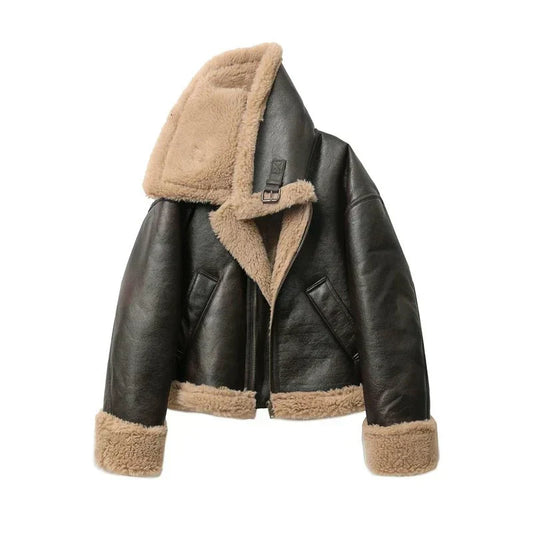 warme leren jas met hoge taille en binnenkant met nep bont met zachte kraag